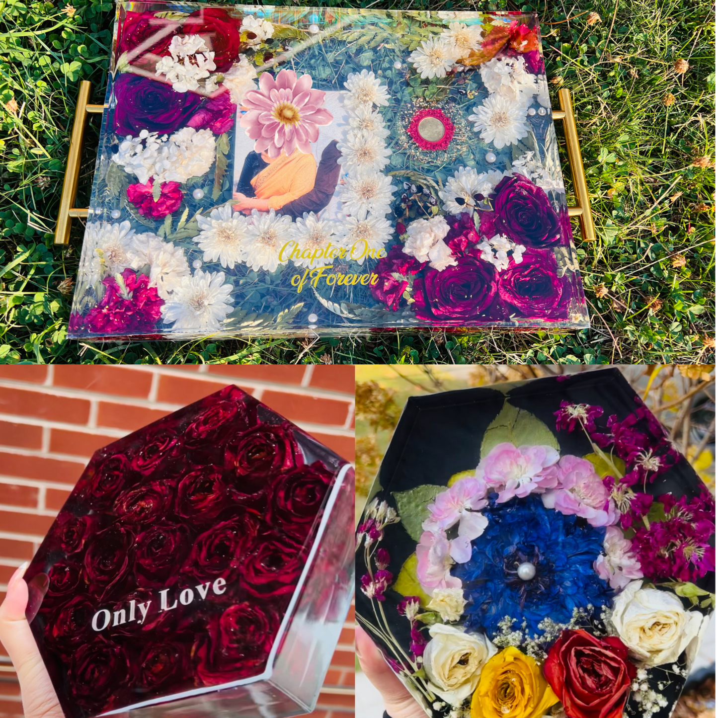 Custom Bouquet Preservation in Free-Standing Hexagon Block β 7 Inches Tall πΈβ¨- 3D Flower preservation