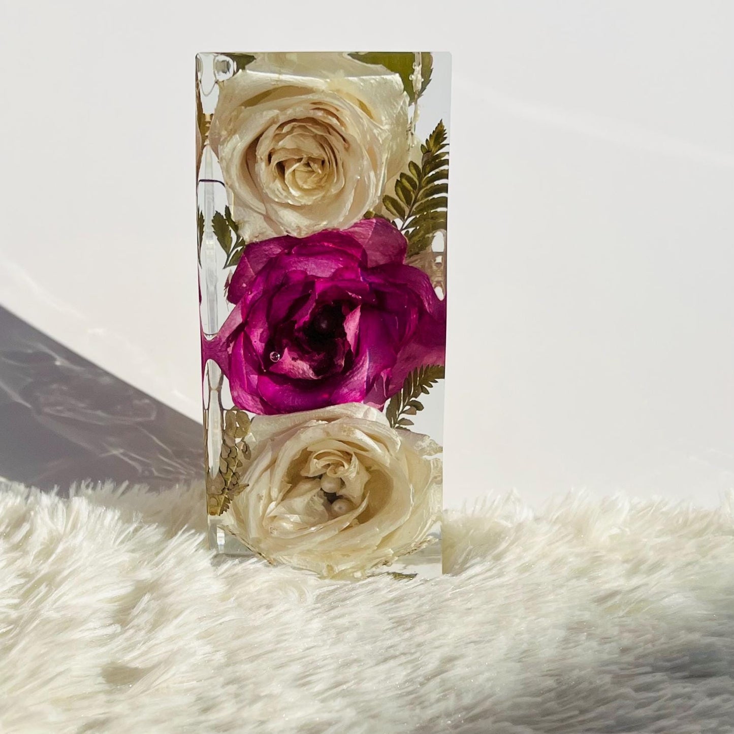 Handmade Preserved Rose Block – 3 White and Pink Roses with Pearls & Leaves, Perfect Everlasting Gift