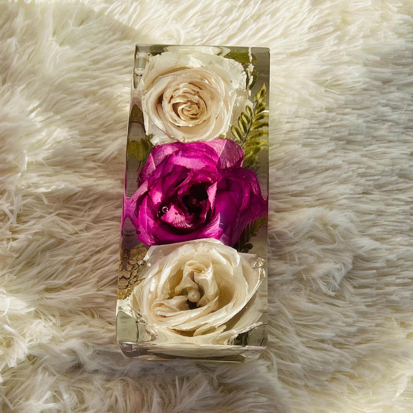 Handmade Preserved Rose Block – 3 White and Pink Roses with Pearls & Leaves, Perfect Everlasting Gift