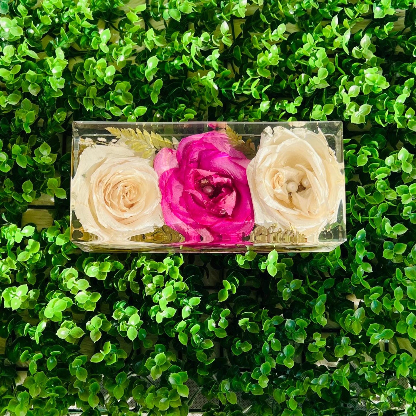 Handmade Preserved Rose Block – 3 White and Pink Roses with Pearls & Leaves, Perfect Everlasting Gift