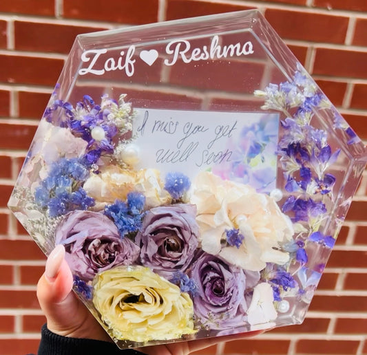 Custom Bouquet Preservation in Free-Standing Hexagon Block – 7 Inches Tall 🌸✨- 3D Flower preservation