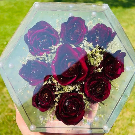 Custom Bouquet Preservation in Free-Standing Hexagon Block – 7 Inches Tall 🌸✨- 3D Flower preservation
