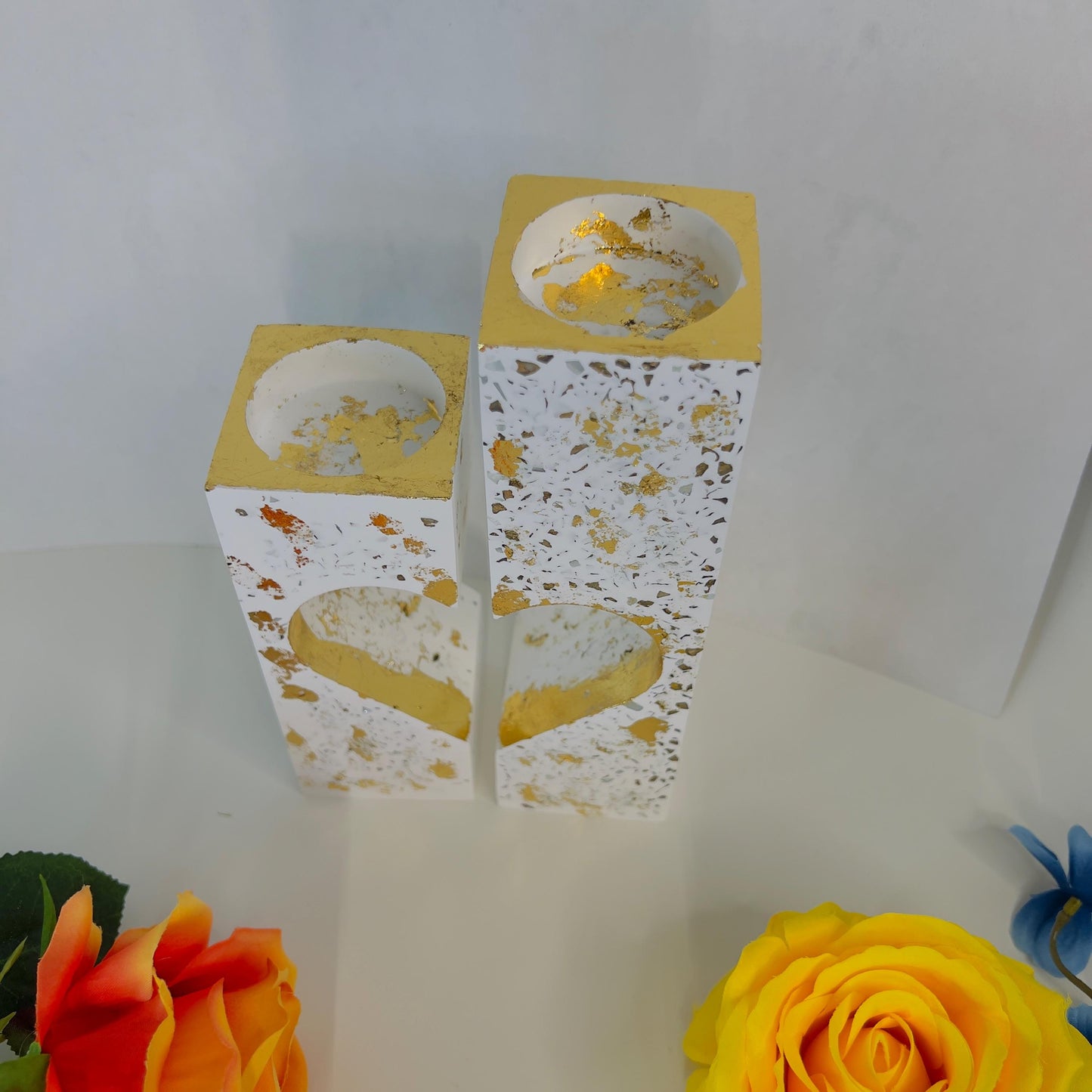 Handmade Eco-Resin Decor: Heart-Shaped Candle Stand Set , Leaf Trinket Trays, Cloud-Shaped Tray with White & Gold Foil Accents