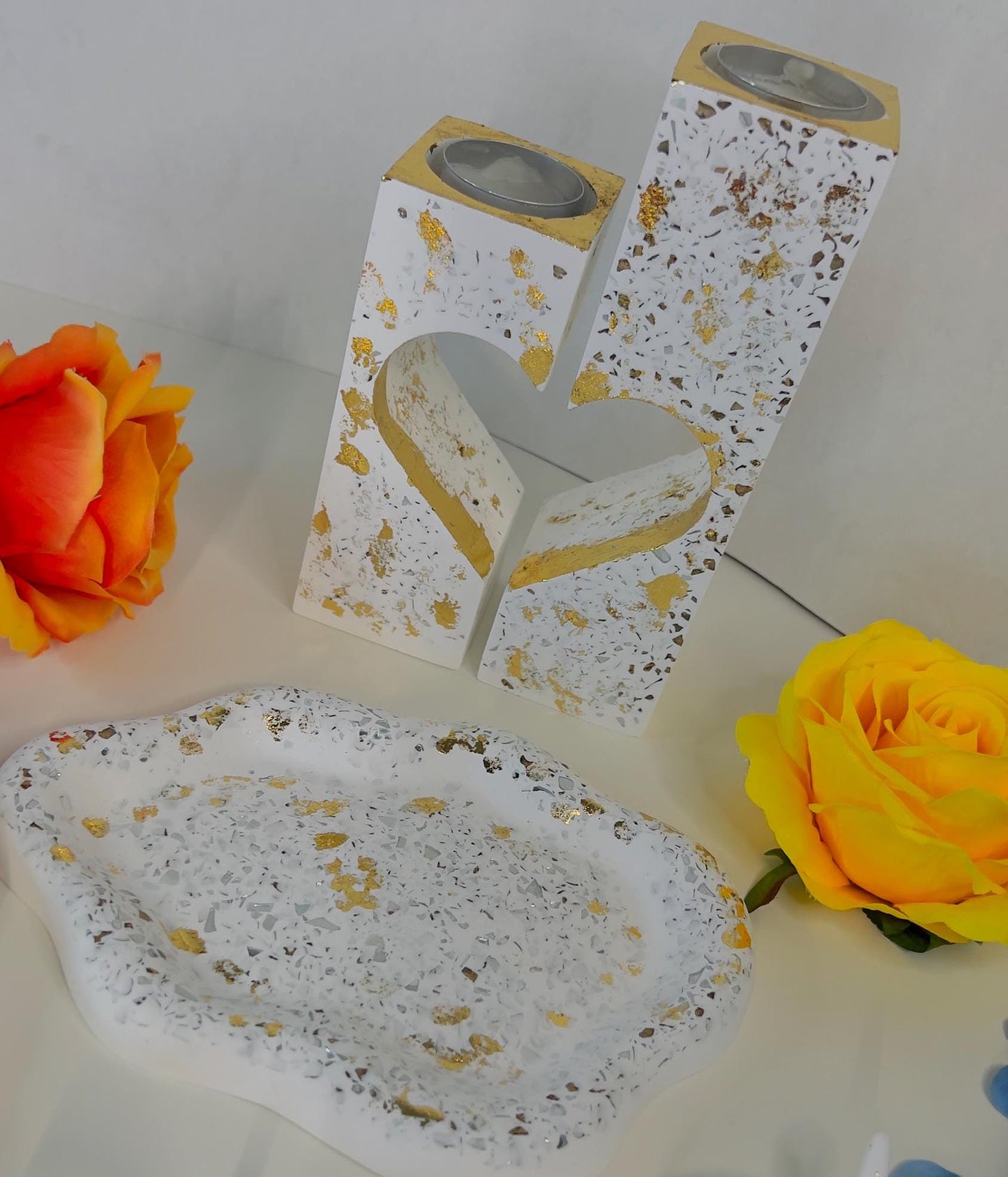 Handmade Eco-Resin Decor: Heart-Shaped Candle Stand Set , Leaf Trinket Trays, Cloud-Shaped Tray with White & Gold Foil Accents