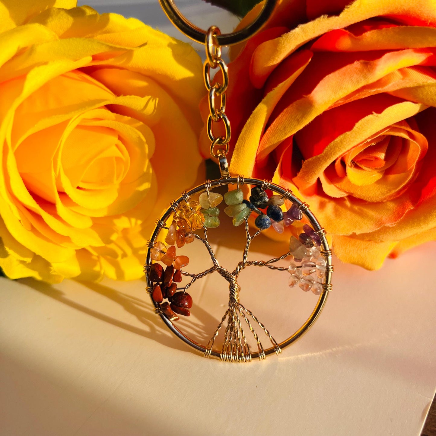 Colorful Golden Iron Wire Tree of Life Keychain – A Perfect Gift Adorned with Multi-Colored Stones