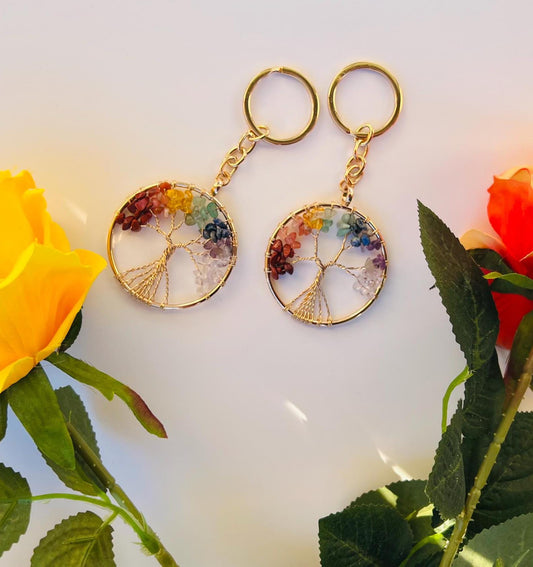 Colorful Golden Iron Wire Tree of Life Keychain โ A Perfect Gift Adorned with Multi-Colored Stones
