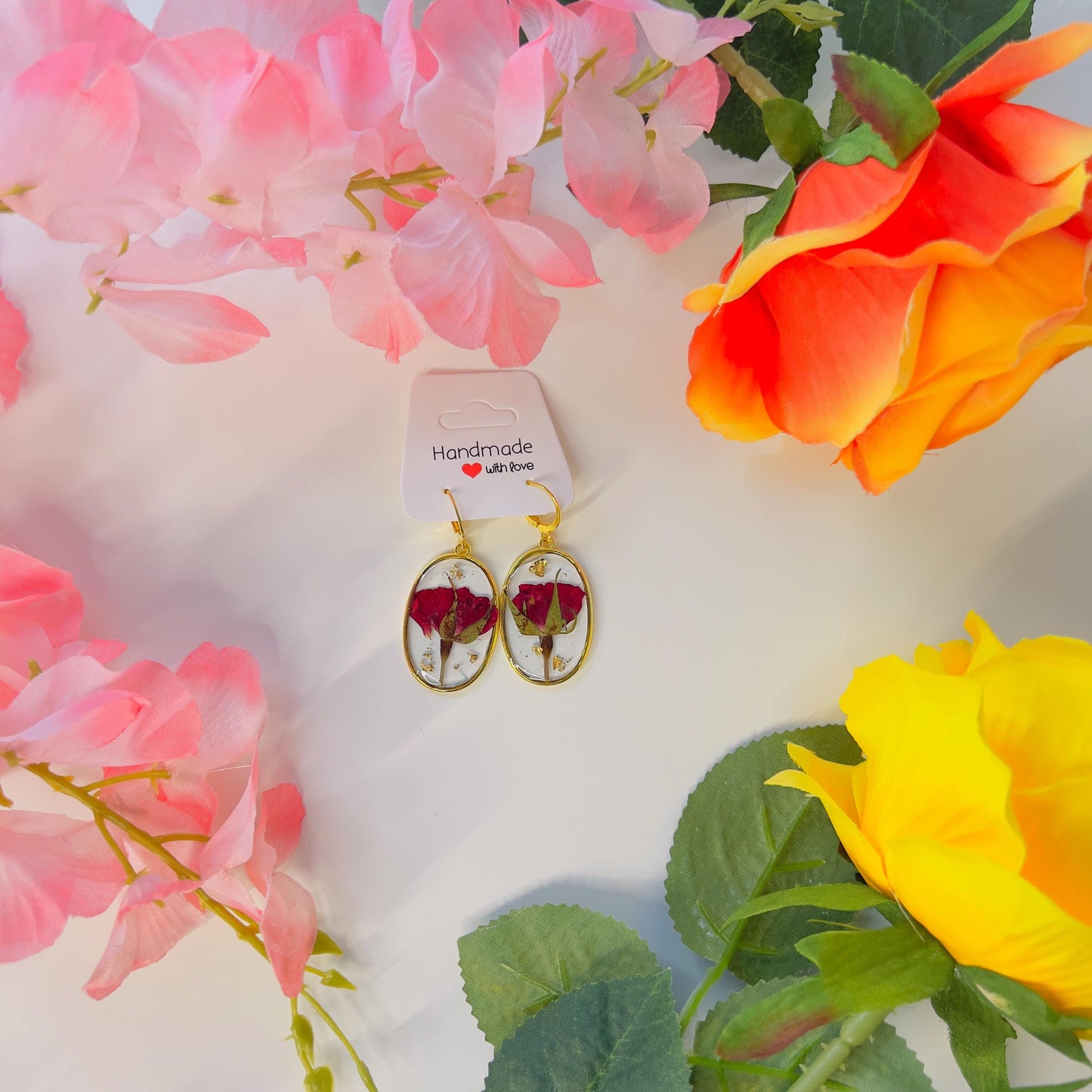 Handmade Dangling Earrings – Real Pressed Flowers & Gold Foil | Botanical Resin Dangle Earrings | Elegant Nature-Inspired Jewelry