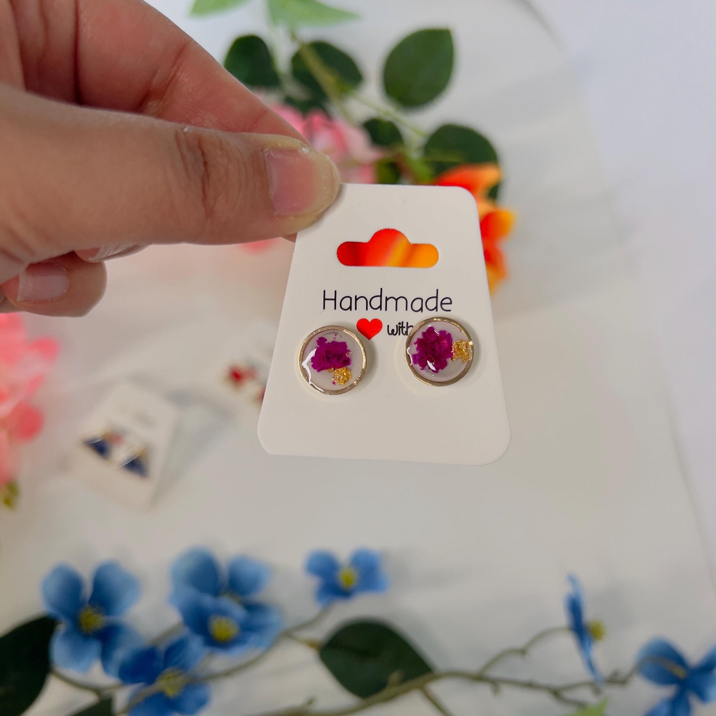 Handmade Resin Stud Earrings – Real Flowers & Gold Foil | Unique Floral Jewelry