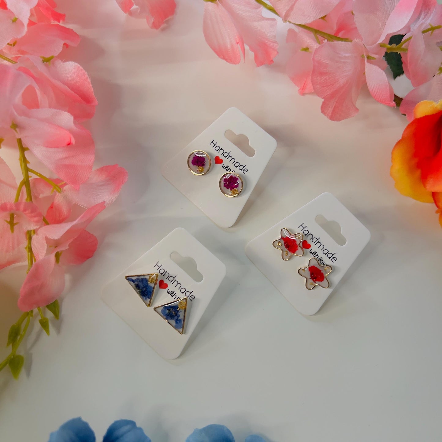 Handmade Resin Stud Earrings – Real Flowers & Gold Foil | Unique Floral Jewelry