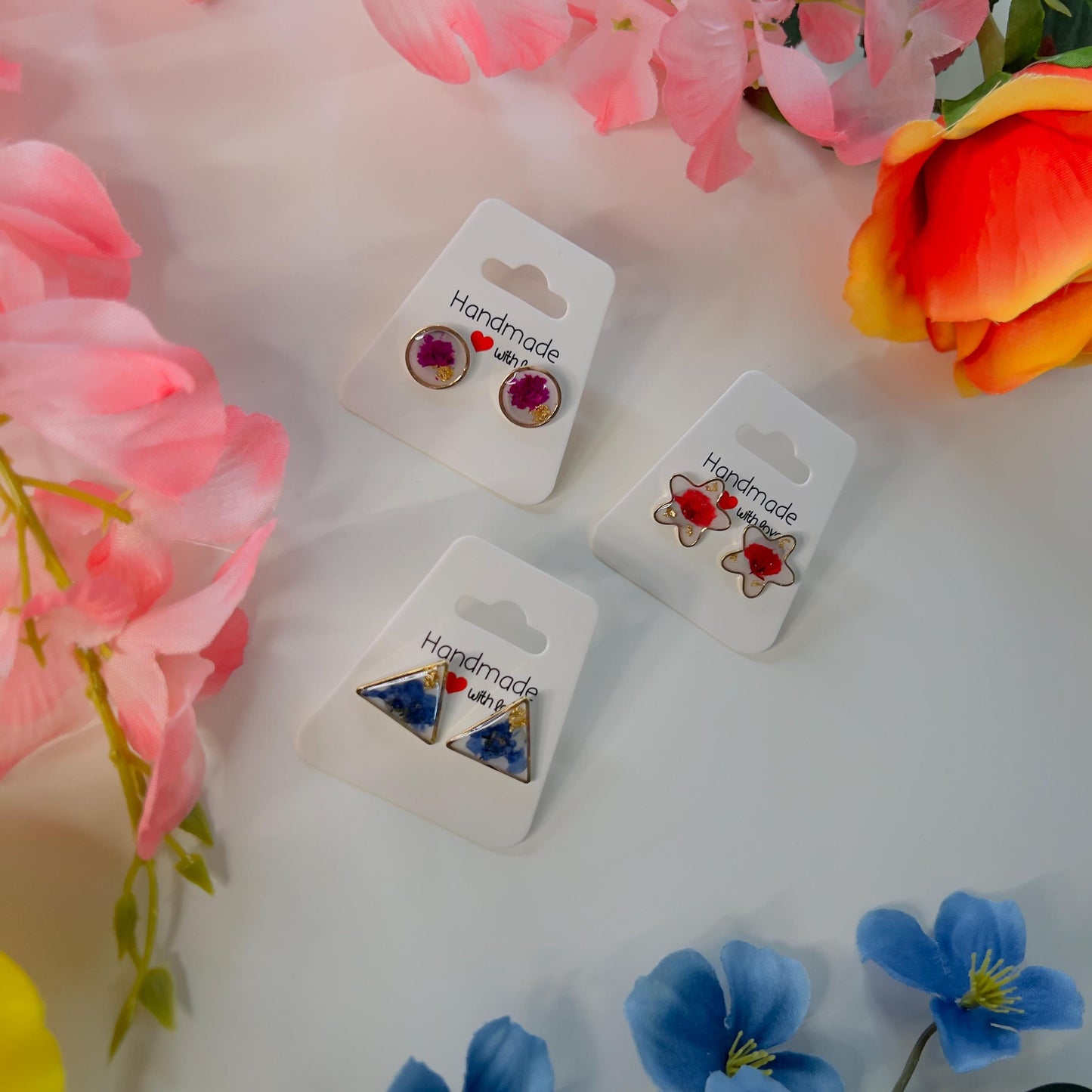 Handmade Resin Stud Earrings – Real Flowers & Gold Foil | Unique Floral Jewelry