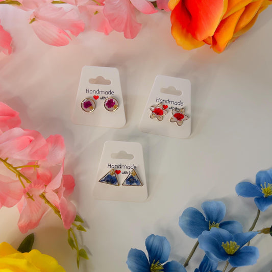 Handmade Resin Stud Earrings – Real Flowers & Gold Foil | Unique Floral Jewelry