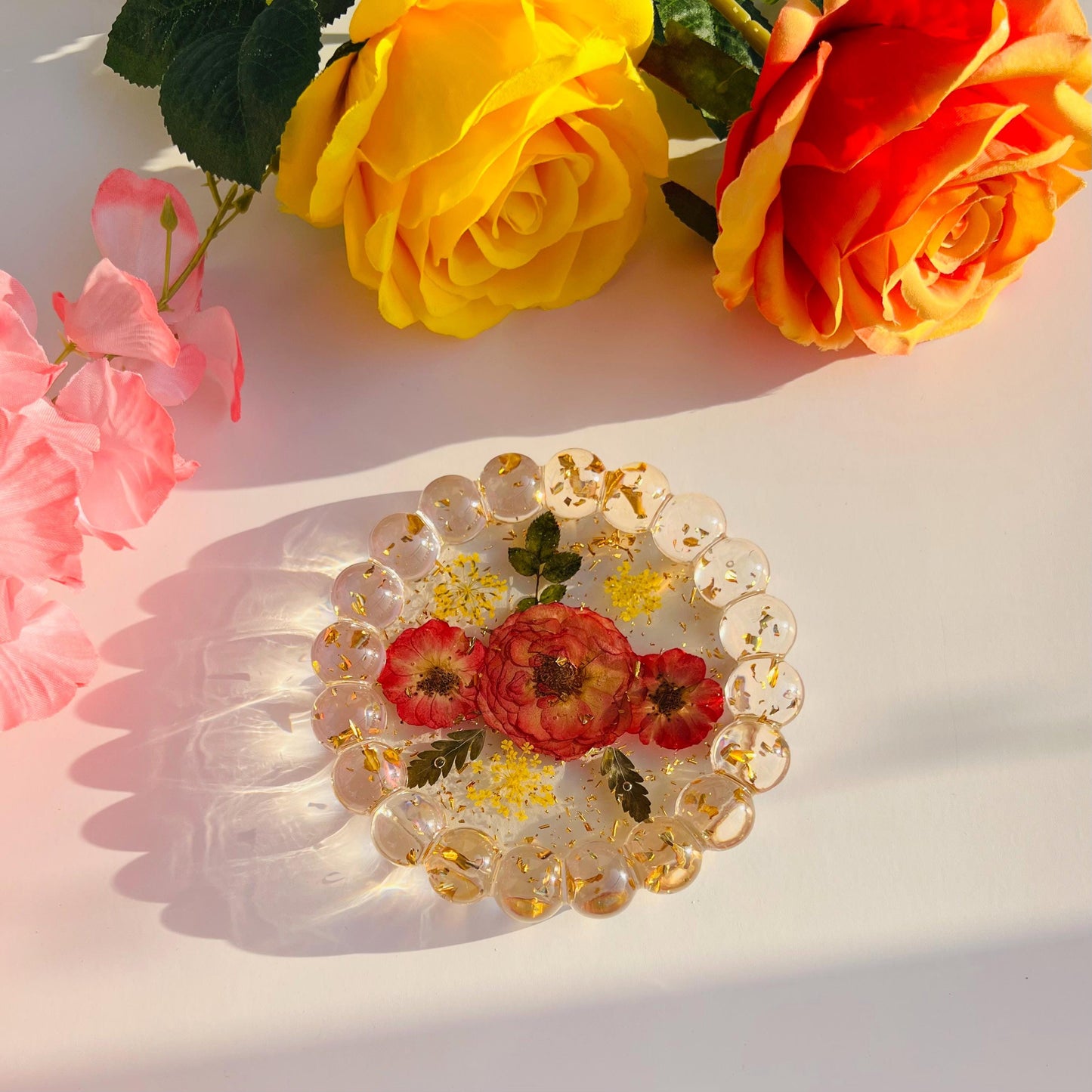 Aesthetic Floral Resin Bubble Trinket Dish – Handmade Coaster & Jewelry Tray with Pressed Flowers - Perfect gift for Her