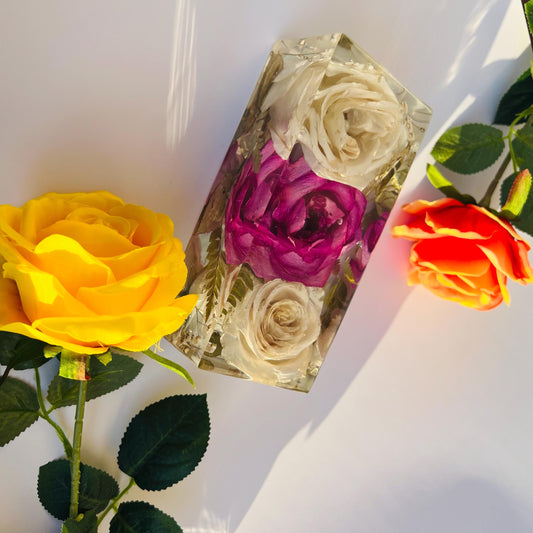 Handmade Preserved Rose Block – 3 White and Pink Roses with Pearls & Leaves, Perfect Everlasting Gift