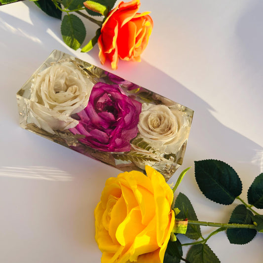 Handmade Preserved Rose Block – 3 White and Pink Roses with Pearls & Leaves, Perfect Everlasting Gift