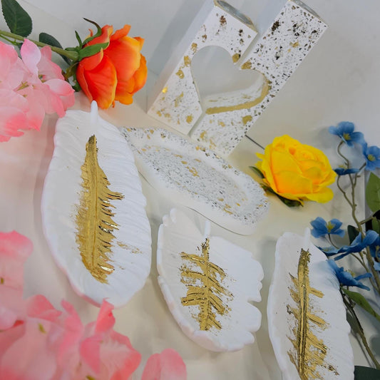 Handmade Eco-Resin Decor: Heart-Shaped Candle Stand Set , Leaf Trinket Trays, Cloud-Shaped Tray with White & Gold Foil Accents
