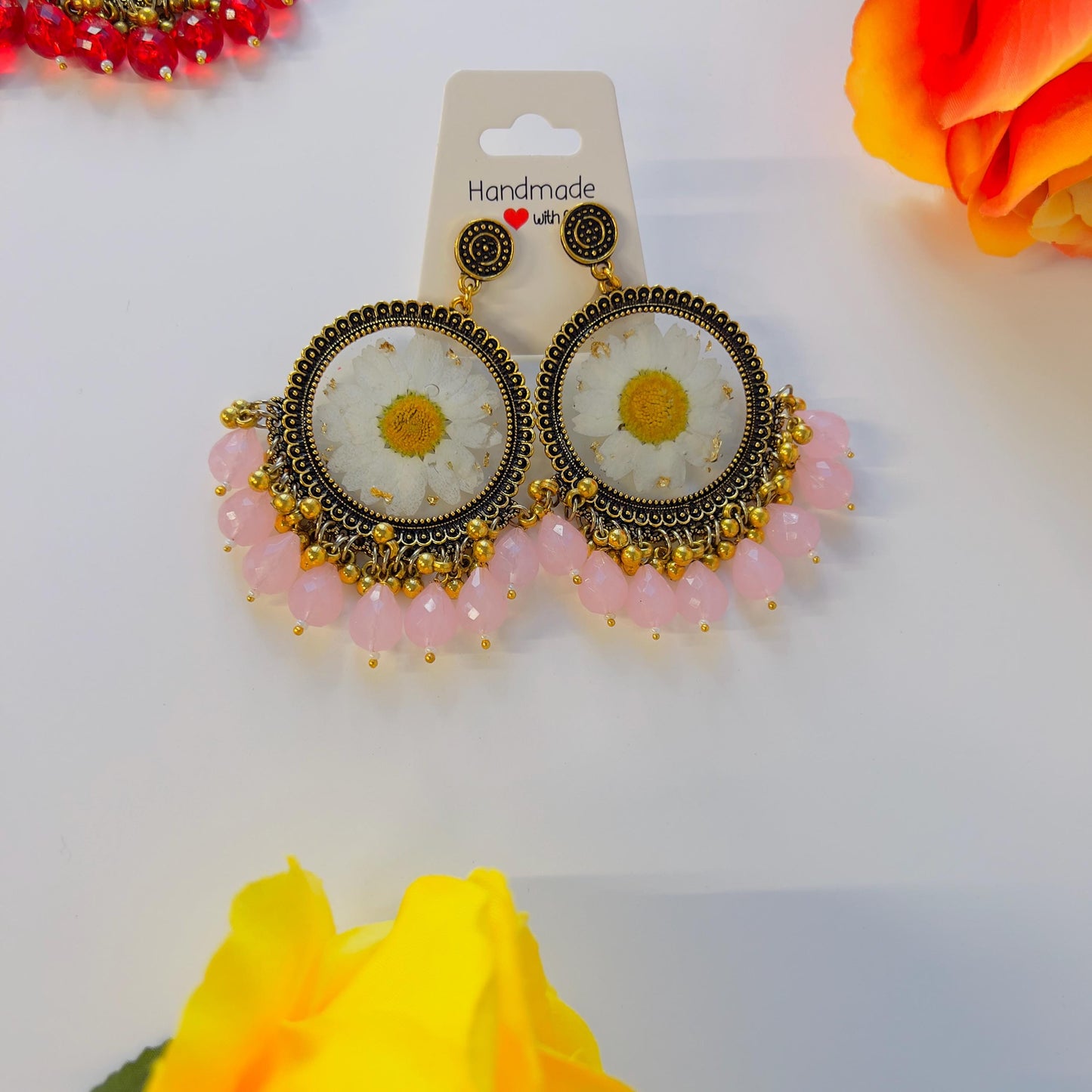 Gold Oxidized Dangling Jhumka Earrings with Preserved Flowers and Pearl Accents – The Perfect Everlasting Gift for Her