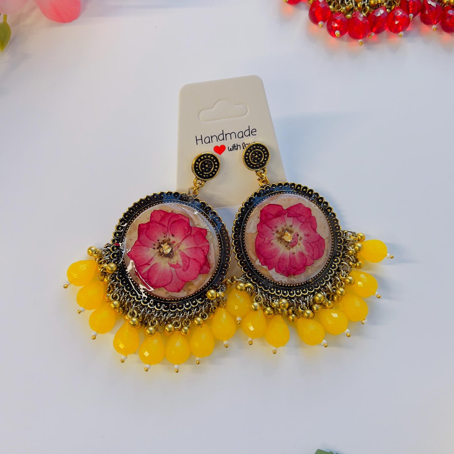 Gold Oxidized Dangling Jhumka Earrings with Preserved Flowers and Pearl Accents – The Perfect Everlasting Gift for Her