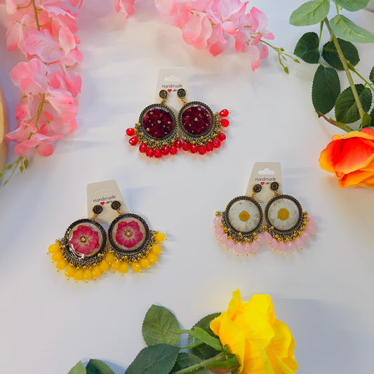 Gold Oxidized Dangling Jhumka Earrings with Preserved Flowers and Pearl Accents – The Perfect Everlasting Gift for Her