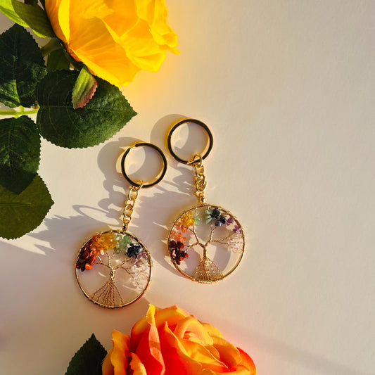 Colorful Golden Iron Wire Tree of Life Keychain – A Perfect Gift Adorned with Multi-Colored Stones