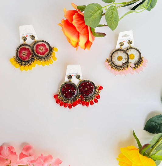 Gold Oxidized Dangling Jhumka Earrings with Preserved Flowers and Pearl Accents – The Perfect Everlasting Gift for Her