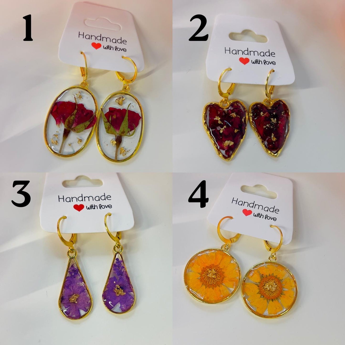 Handmade Dangling Earrings – Real Pressed Flowers & Gold Foil | Botanical Resin Dangle Earrings | Elegant Nature-Inspired Jewelry
