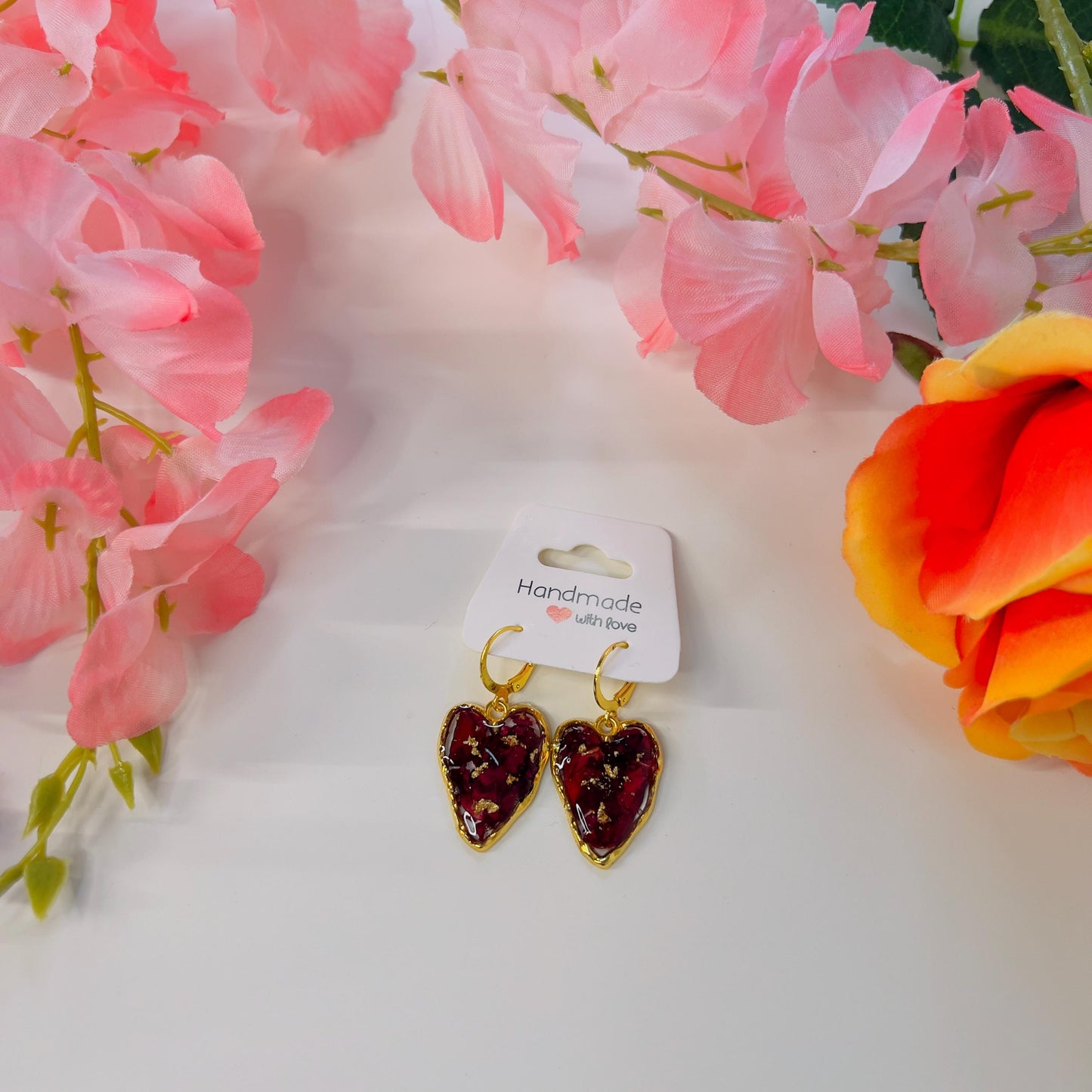 Handmade Dangling Earrings – Real Pressed Flowers & Gold Foil | Botanical Resin Dangle Earrings | Elegant Nature-Inspired Jewelry