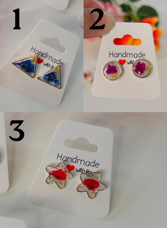 Handmade Resin Stud Earrings – Real Flowers & Gold Foil | Unique Floral Jewelry